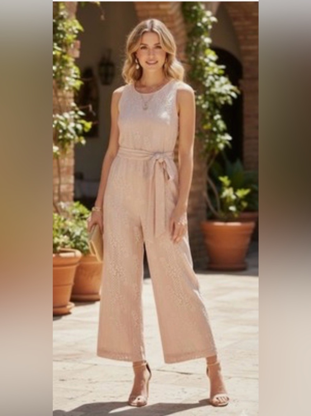 Vince Camuto sleeveless Belted eyelet wide-leg Beige Lace Cropped jumpsuit Sz 14